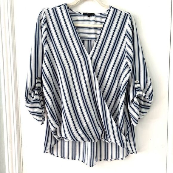 Stitch Fix West Kei tab 3/4 Sleeve High Low Blue & White Striped Blouse Size L - Picture 1 of 8